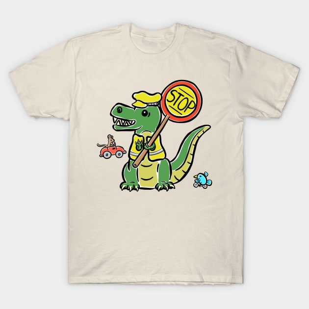 Lollypop Person Crossing Guard Tyrannosaurus Dinosaur Dino Cartoon Cute Character T-Shirt by Squeeb Creative